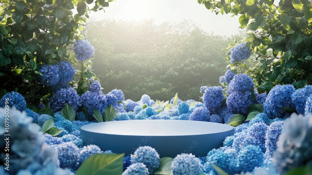 Poster natural beauty display podium surrounded by a hydrangea flower field 3d rendering
