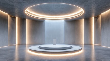Contemporary empty hall featuring a central podium and circular lighting Concept of performance and presentation 3D rendering