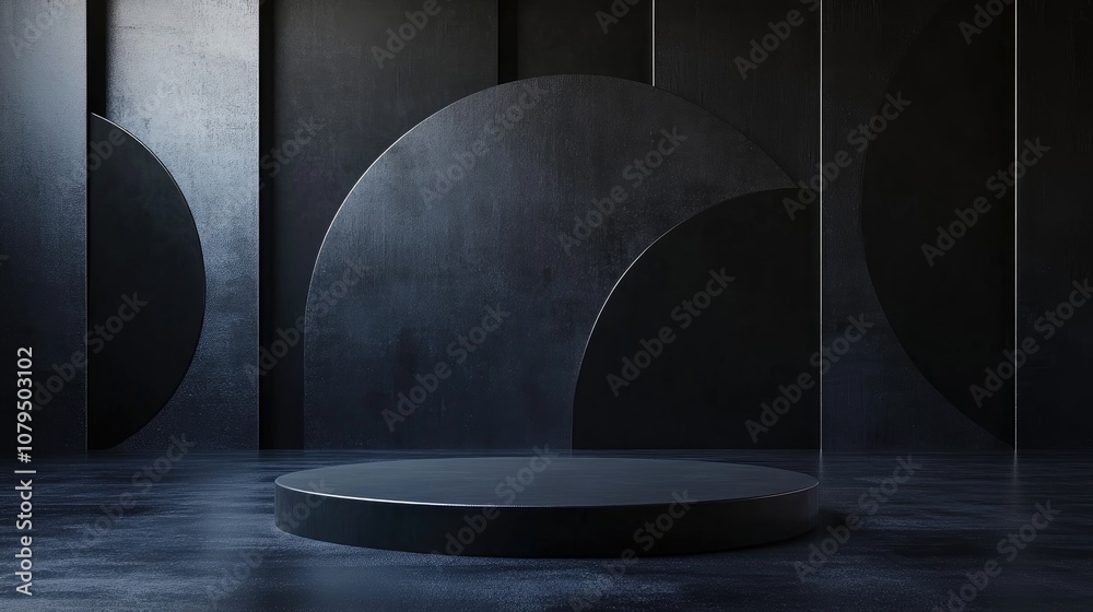 Leinwandbilder Dark black 3D background featuring geometric shapes and a podium on the floor creating an abstract composition ideal for showcasing product mockups