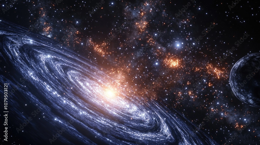 Poster Abstract representation of planets and stellar galaxies with a cluster of stars in an infinite Universe 3D cartoon rendering of