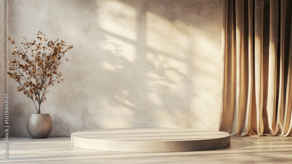 Aufkleber Neutral platform against a wall and curtain backdrop mockup setting for product display 3D rendering