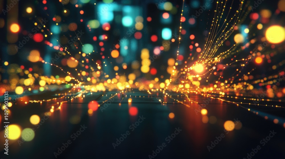 Leinwandbilder Blurred lights extended into threads in a 3D cartoon rendering set against a black background with long shutter exposure at night