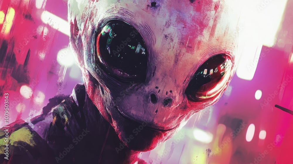 Poster Artistic concept painting of an alien portrait with a 3D cartoon rendering in the background