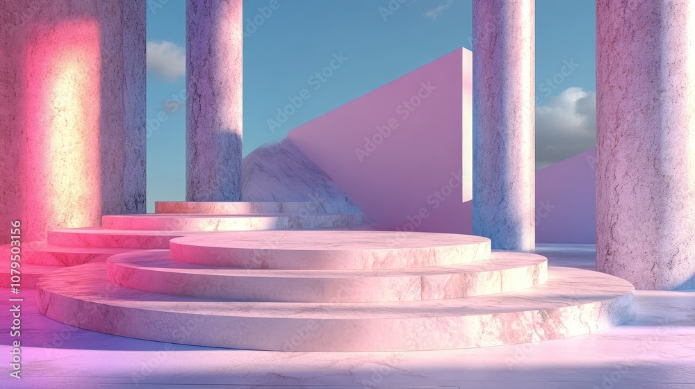Leinwandbilder 3D rendered image of an abstract mock up podium with a pastel background