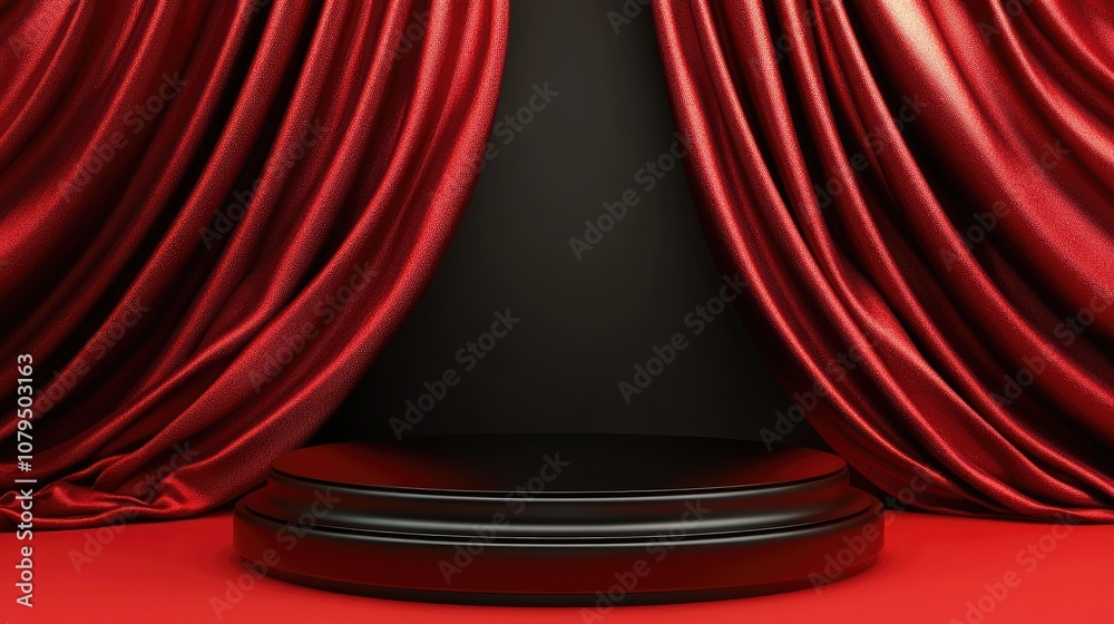 Poster empty 3d podium pedestal for showcasing or presenting on a red backdrop