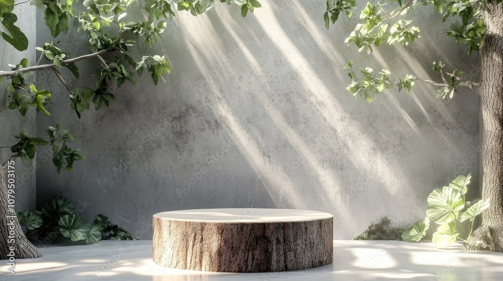 Fototapete podium backdrop featuring a tree trunk as a support embodying a nature theme 3d rendering