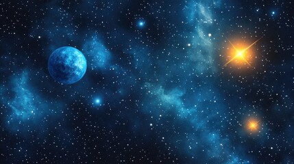 3D cartoon depiction of a dark interstellar space featuring a 2D illustration with stars in deep space and a blue cold nebula against a dark night sky