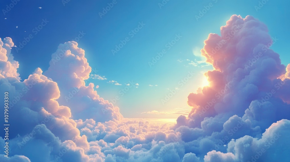 Poster cartoon rendering in 3d depicting cloudy skies a horizon and an infinite atmosphere