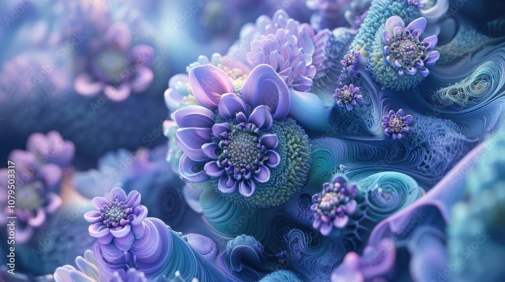 Aufkleber Abstract fractal patterns and shapes depicted through 3D cartoon rendering showcasing dynamic flowing natural forms flowers and spirals