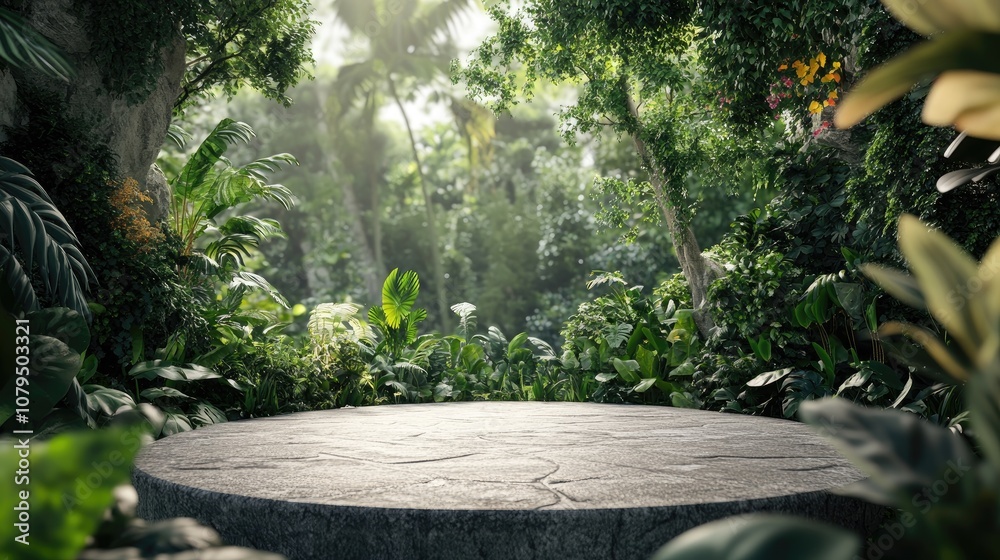 Poster 3d rendering of a stone platform surrounded by a tropical forest designed for product displays and f