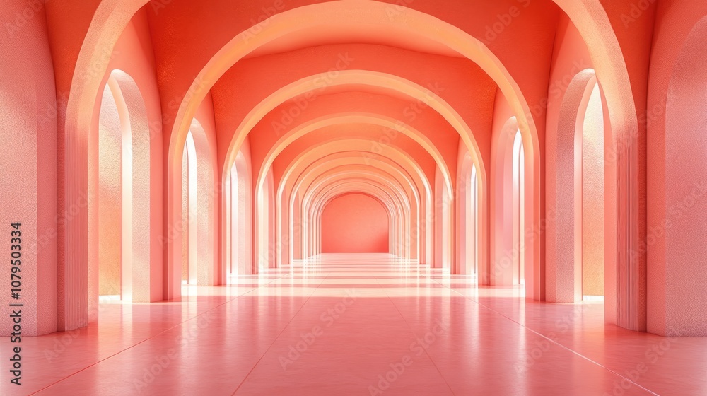 Aufkleber long tunnel featuring arches designed for product display podium in coral hues 3d rendering