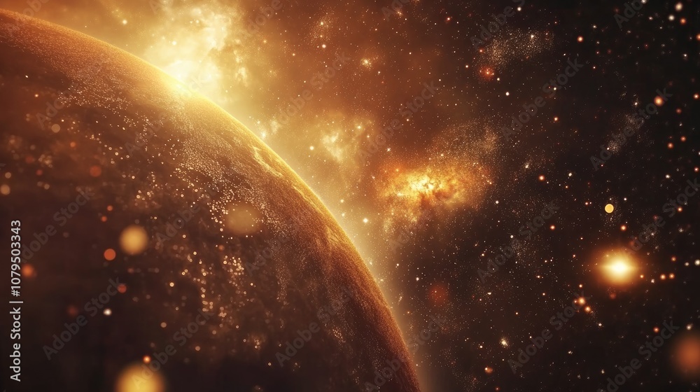 Poster stars of a planet and galaxy in free space depicted in a 3d cartoon rendering