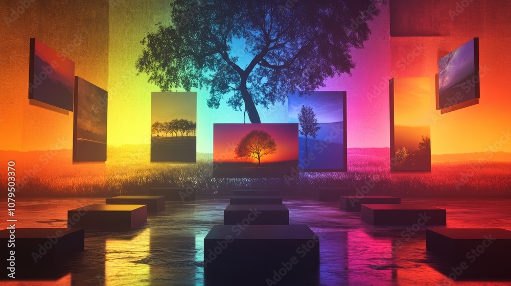 Poster 3D display platform showcasing various formats against a multicolored backdrop featuring a tree silhouette