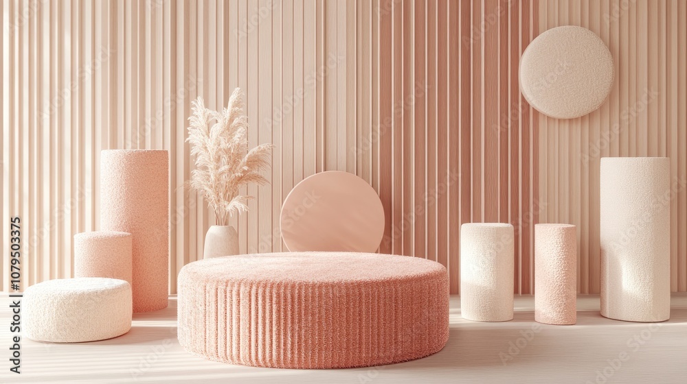 Aufkleber 3d rendering of a minimal pink coral podium or pedestal for showcasing products accompanied by abstr