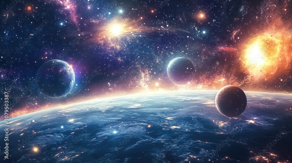 Poster Rendering of a 3D cartoon depicting a 2D illustration of a deep vast space filled with bright stars planets and moons It features various creative backdrops related to science fiction showcasing a