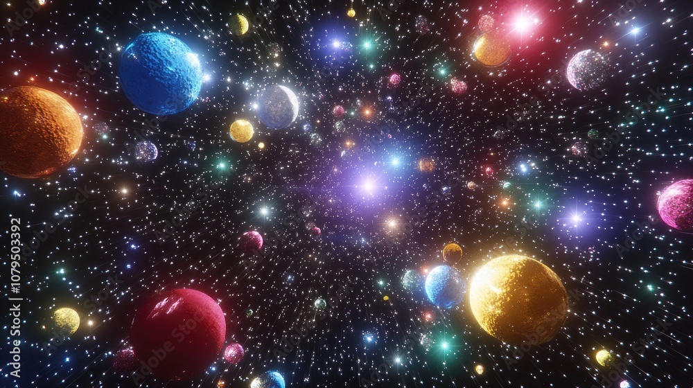 Poster 2D illustration featuring a 3D cartoon rendering Background with a realistic star pattern in deep interstellar space Bright stars planets and moons create various creative science fiction backdrop
