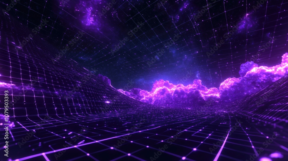 Poster Abstract ultraviolet landscape in a 3D cartoon rendering featuring a dark background with a purple cyberspace grid and a high tech network showcasing violet starry outer space textures