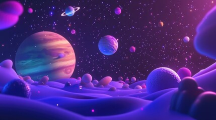 3D cartoon representation showcasing planets stars and galaxies in outer space illustrating the beauty of space exploration