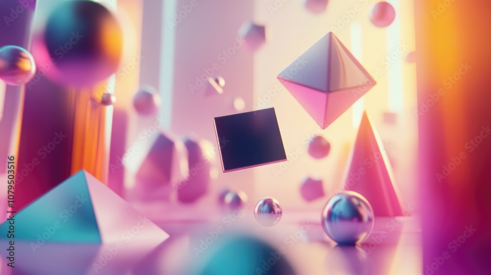 Poster abstract blurred 3d rendered background featuring a board or button along with various geometric sha