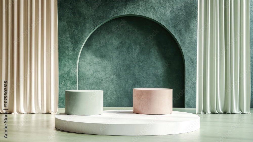 Poster Cylinder podiums against a green backdrop Abstract pedestal setup featuring geometric shapes Scene designed for cosmetic product presentation Mockup design with vacant space Display showcase for p