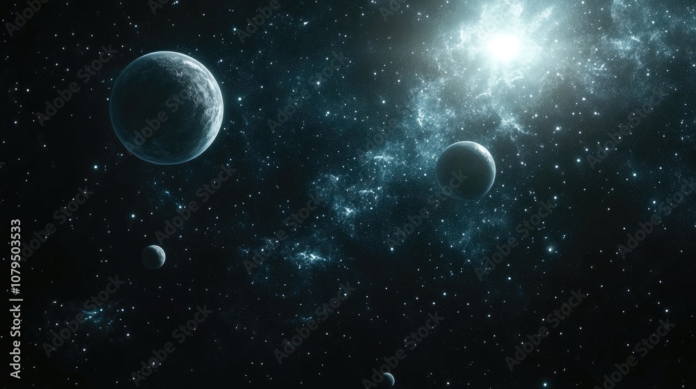 Fototapete 2D illustration with a 3D cartoon rendering in a realistic star pattern background featuring deep interstellar space Bright stars planets and moons create various imaginative science fiction backd