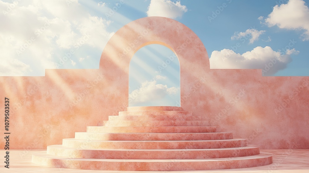 Aufkleber 3D render of stairs stage and podium set against a peach background with blue sky and clouds on a sunny day