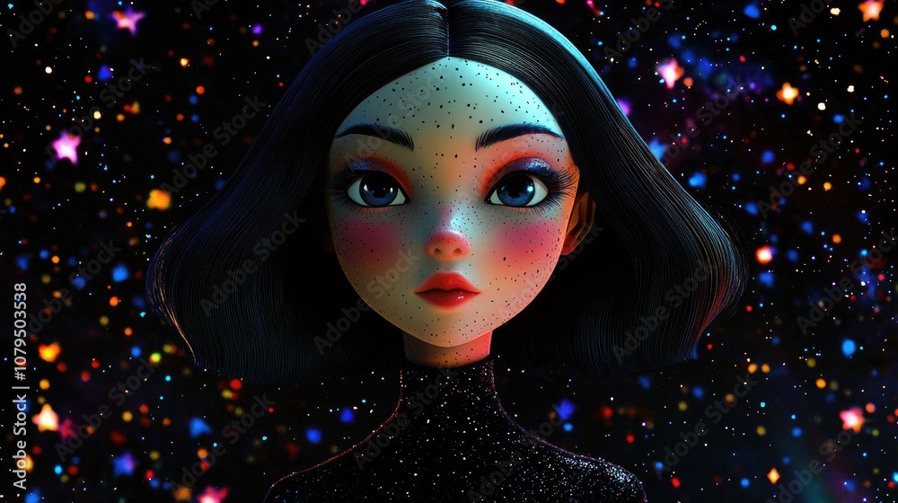 Poster outspace girl in a 3d cartoon rendering featuring a black pattern