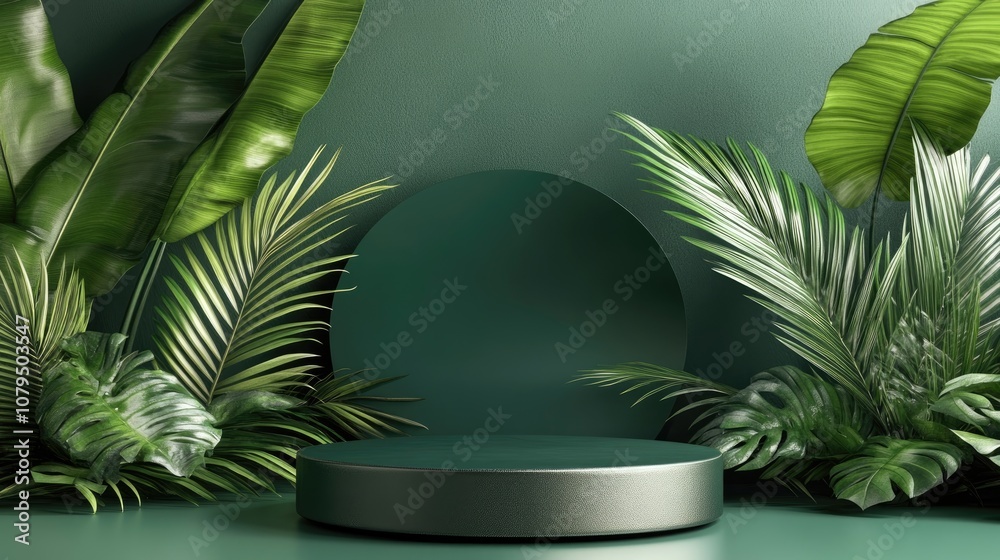 Poster 3d geometric podium mockup featuring tropical leaves designed for showcasing products against a gree