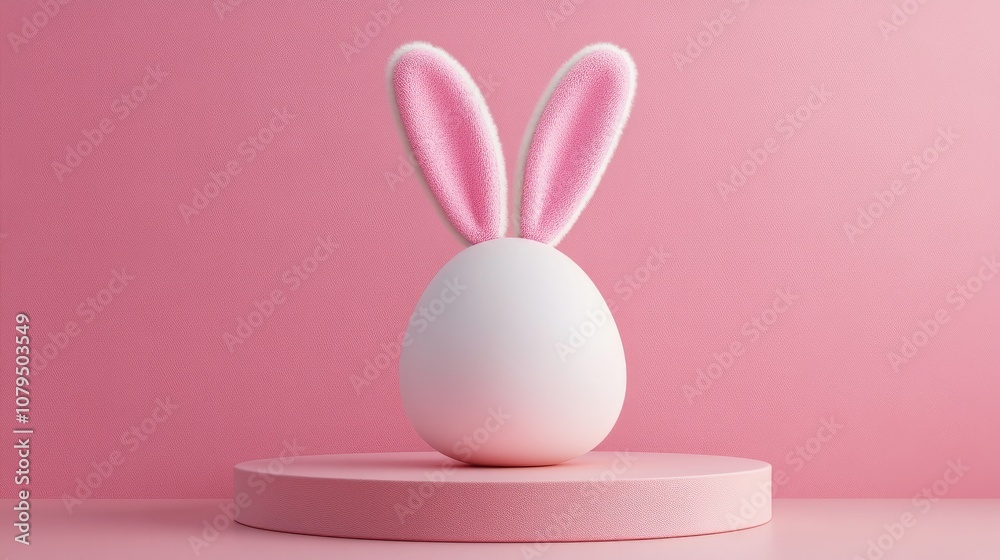 Aufkleber Easter egg with rabbit ears displayed on a circular pedestal against a pink background 3D rendering