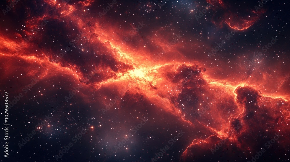 Poster Illustration background of a red nebula in deep space with 3D cartoon rendering