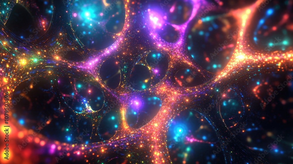 Poster 3D cartoon rendering of structural fibers created by cosmic energy strings with energy flowing as thin bright elements