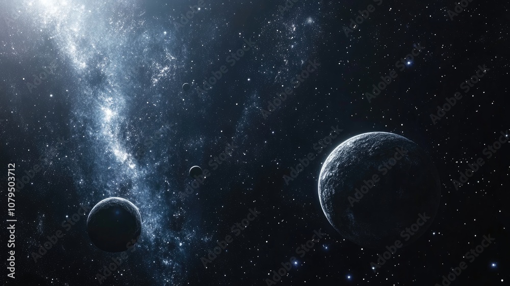 Poster 2D illustration featuring a 3D cartoon rendering Background with a realistic star pattern in deep interstellar space Bright stars planets and moons create various creative science fiction backdrop