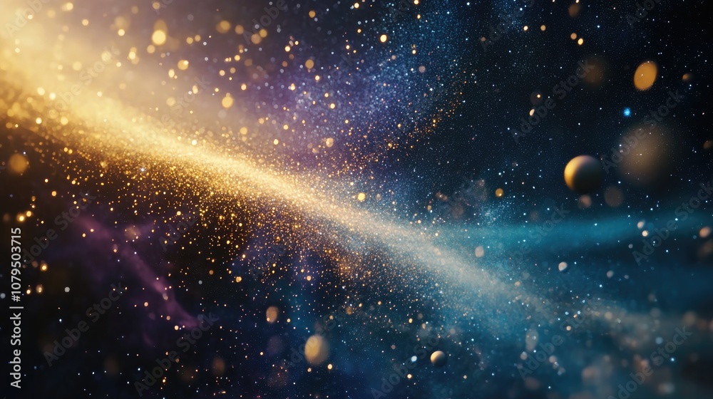 Poster Cosmic background featuring star dust and pixie dust glitter alongside a 3D cartoon rendering of the Milky Way with a conceptual image of space stars and planets