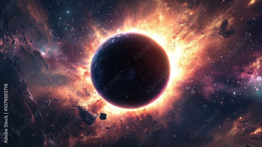 Poster galaxy in space showcasing the beauty of the universe and a black hole in a 3d cartoon rendering