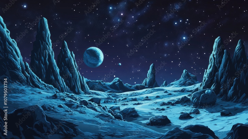 Poster 2d illustration in a cartoon draw style featuring a vast and deep space scene the artwork includes s
