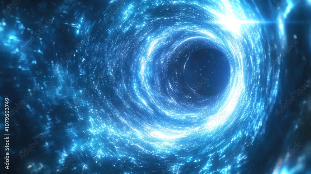 Poster Blue glowing artificial wormhole in a 3D cartoon rendering featuring a computer generated abstract background