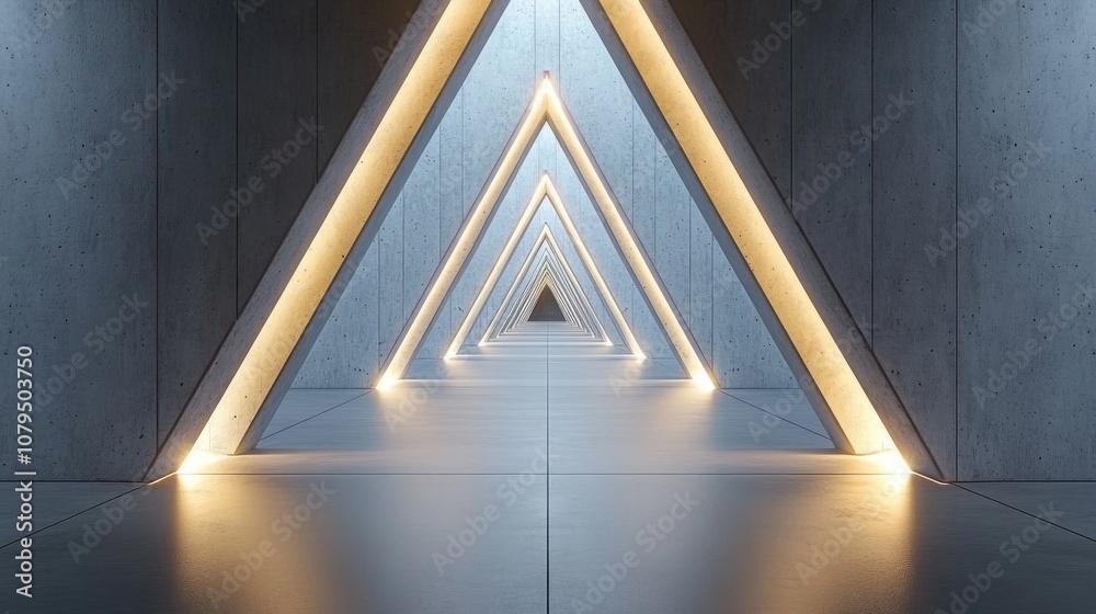 Poster spacious illuminated corridor featuring a modern concrete backdrop and a futuristic triangular tunne