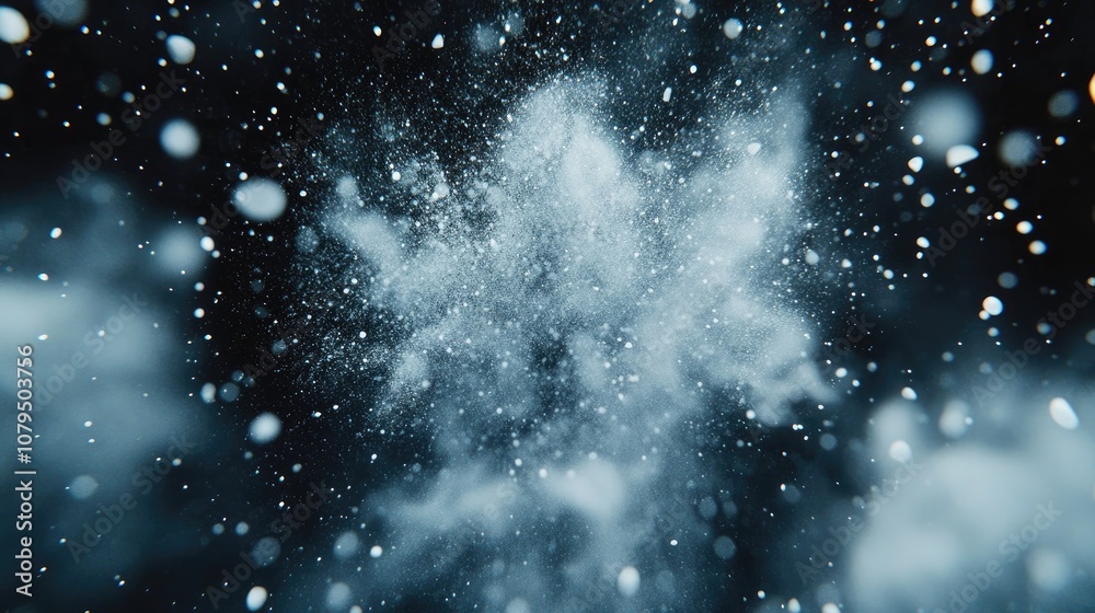 Poster freeze motion of white particles on a black background in a 3d cartoon rendering abstract powder exp