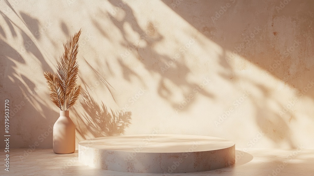 Fototapete Minimalist podium mock up for product display in an abstract light brown composition featuring 3D render and illustration with modern colors