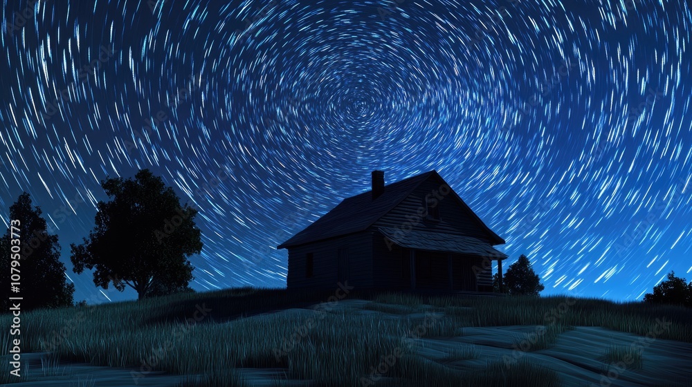 Poster 3d cartoon rendering featuring a small house with a star trail in the background