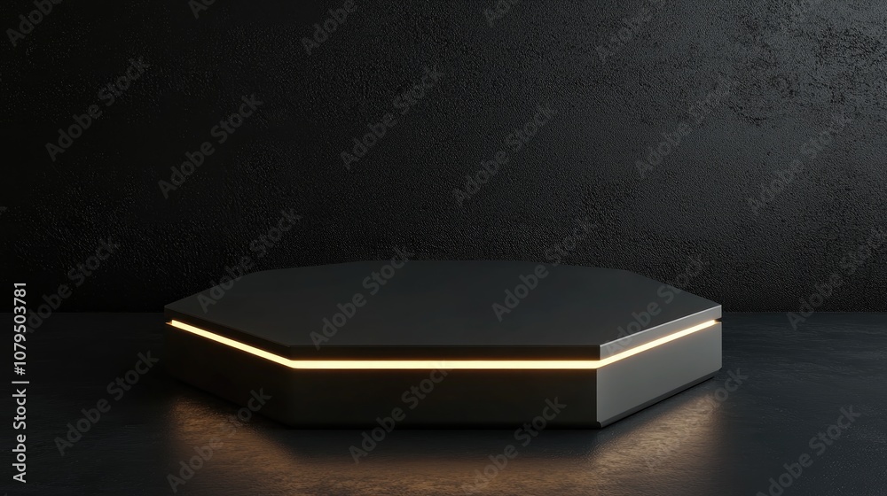 Aufkleber blank hexagon product stand with a black background futuristic display pedestal illuminated 3d rende