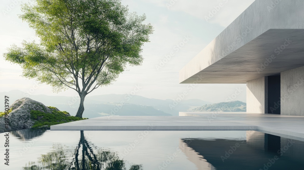 Poster Concrete podium and mirrored wall by a lake pool 3D rendering of an abstract space with a landscape backdrop