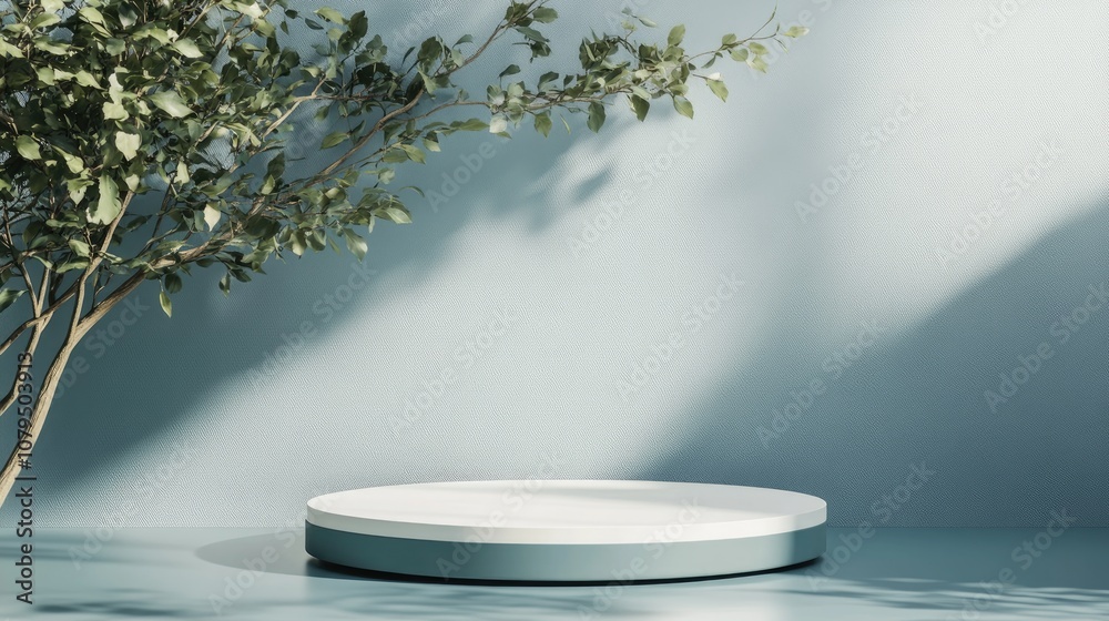 Poster 3D rendering of a blue and white product podium mockup against a minimal abstract backdrop