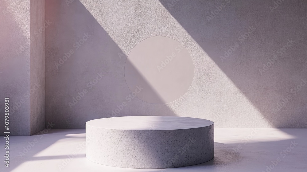 Aufkleber 3D abstract geometric shape featuring a bright gray and white cylinder podium in a minimal studio setting