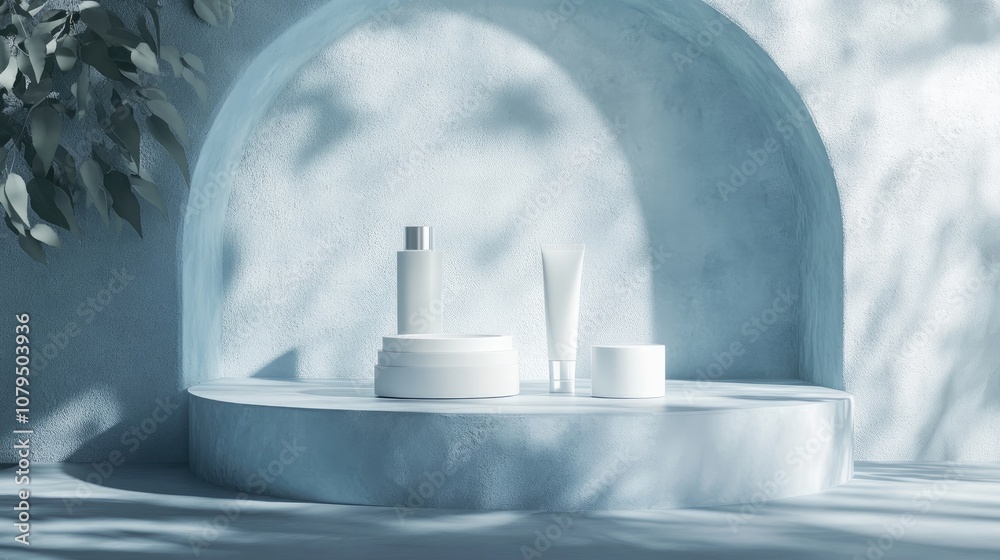Poster 3d rendering of a minimalist product display for cream cosmetics with a modern blue pastel backdrop