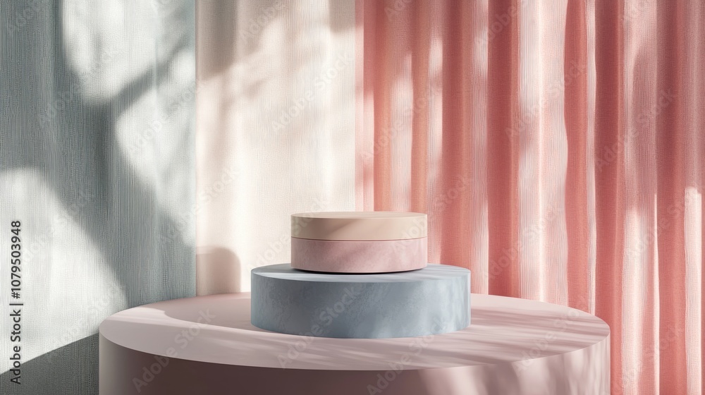 Fototapete minimalistic setup featuring a podium and an abstract backdrop geometric shapes in pastel hues 3d re