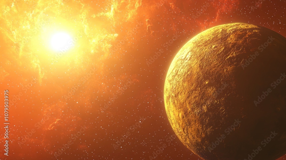 Aufkleber 3d cartoon rendering depicting a desolate planet in a red nebula illuminated by a sun