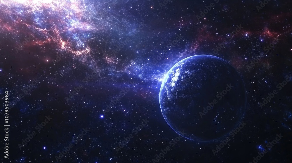 Poster stars of a planet and galaxy in free space depicted in a 3d cartoon rendering