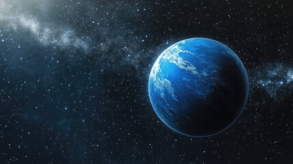 3D illustration of a cartoon exoplanet with Planet Earth in blue set against a galaxy and a starry black sky