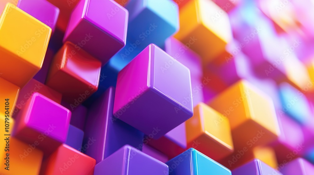 Fototapete Colorful 3D extruded squares create a background in this 3D cartoon rendering featuring an abstract design with geometric art elements and futuristic textures